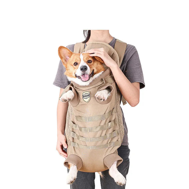 Khaki polyester pet backpack for medium dogs, available in M and L sizes