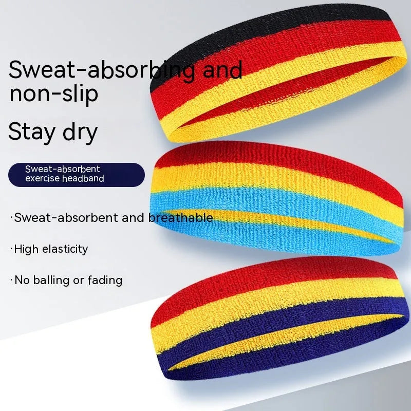 Colourful elasticated sports headband for adults, shown in multiple colour combinations, laid flat to show 5.5cm by 20cm dimensions.