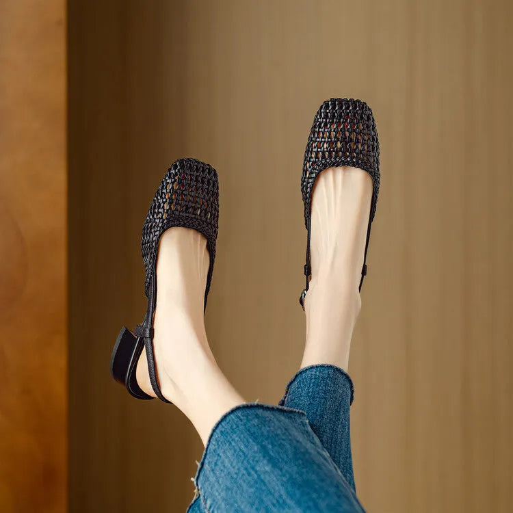 Women's woven hollow-out sandals with 4cm chunky heel and adjustable buckle strap