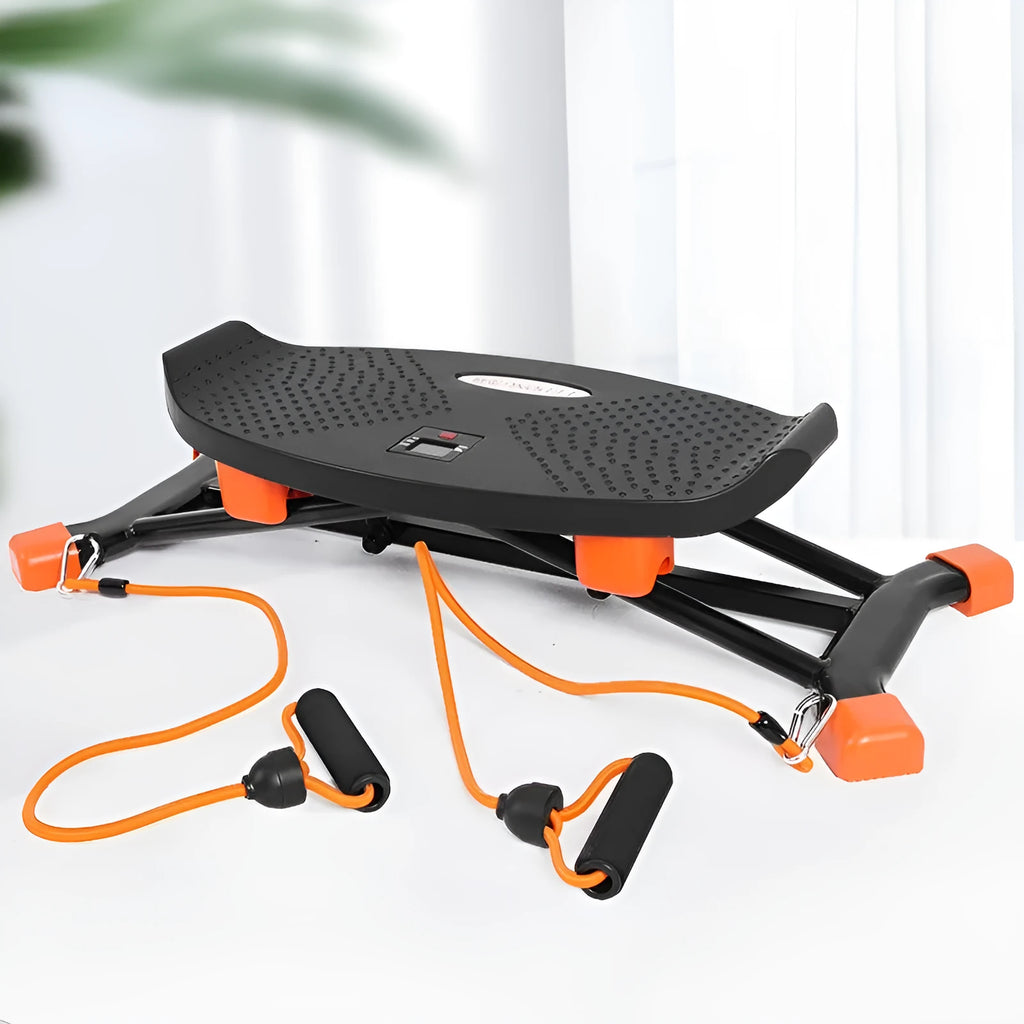 Black portable mini fitness skiing machine with elastic hand straps for indoor home workouts