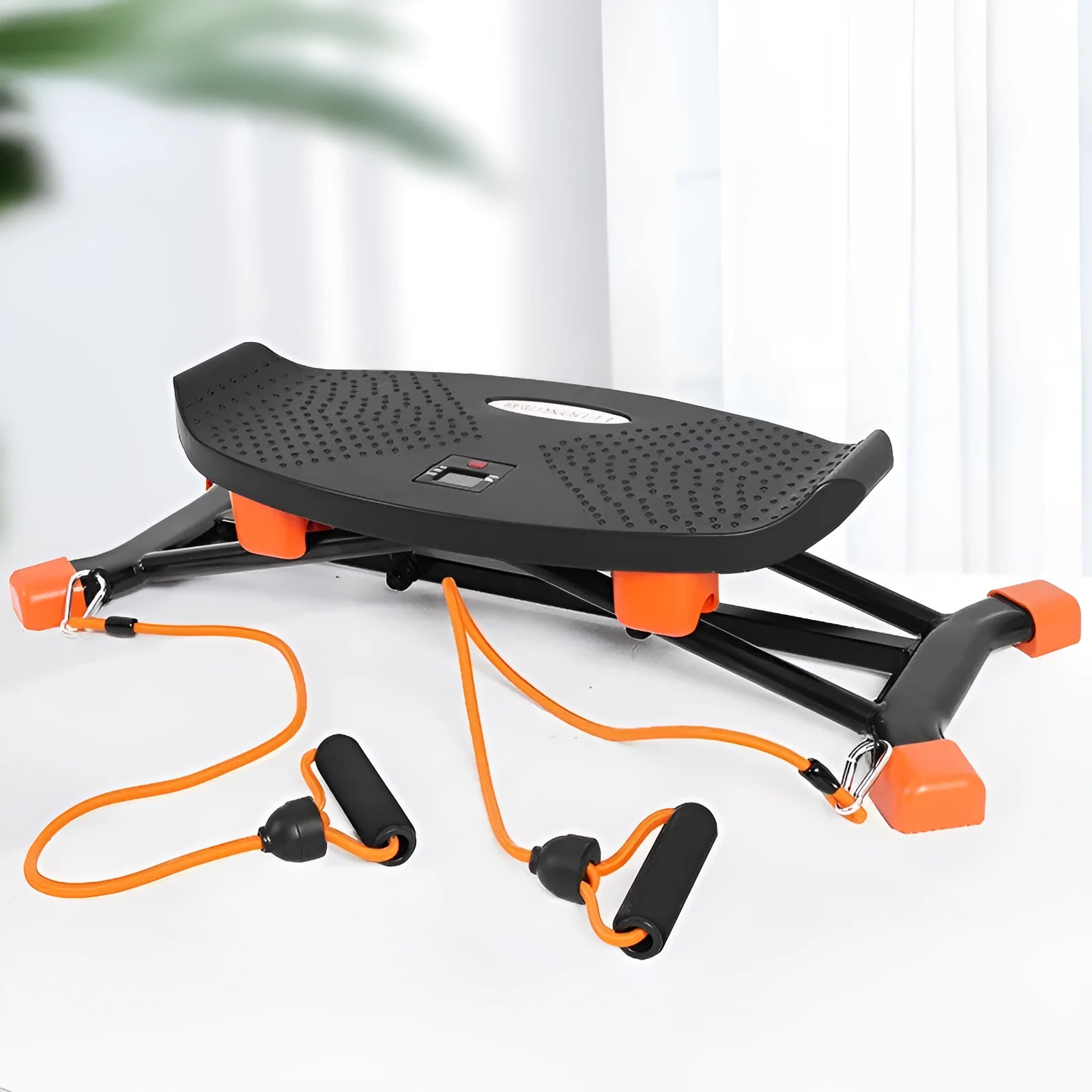Black portable mini fitness skiing machine with elastic hand straps for indoor home workouts