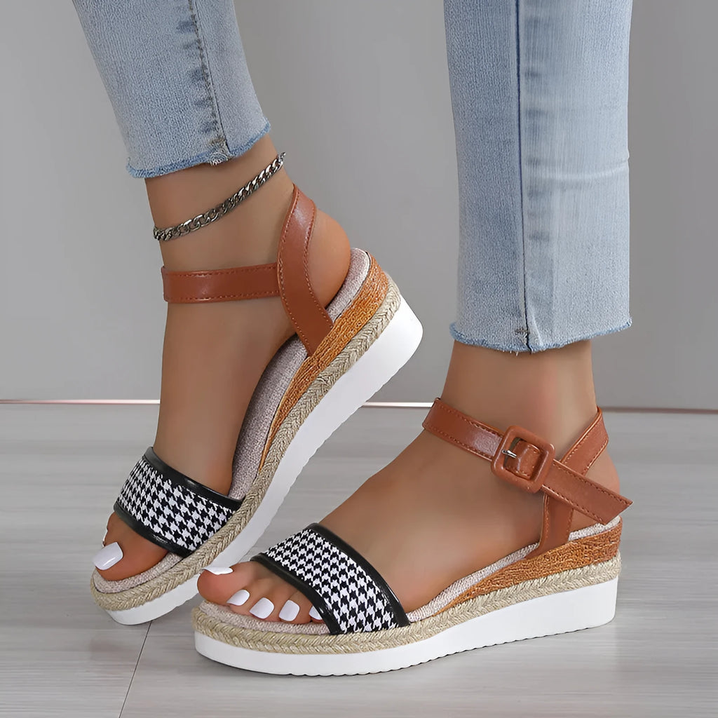 Women's houndstooth print buckle sandal with fish mouth toe in white, PVC upper