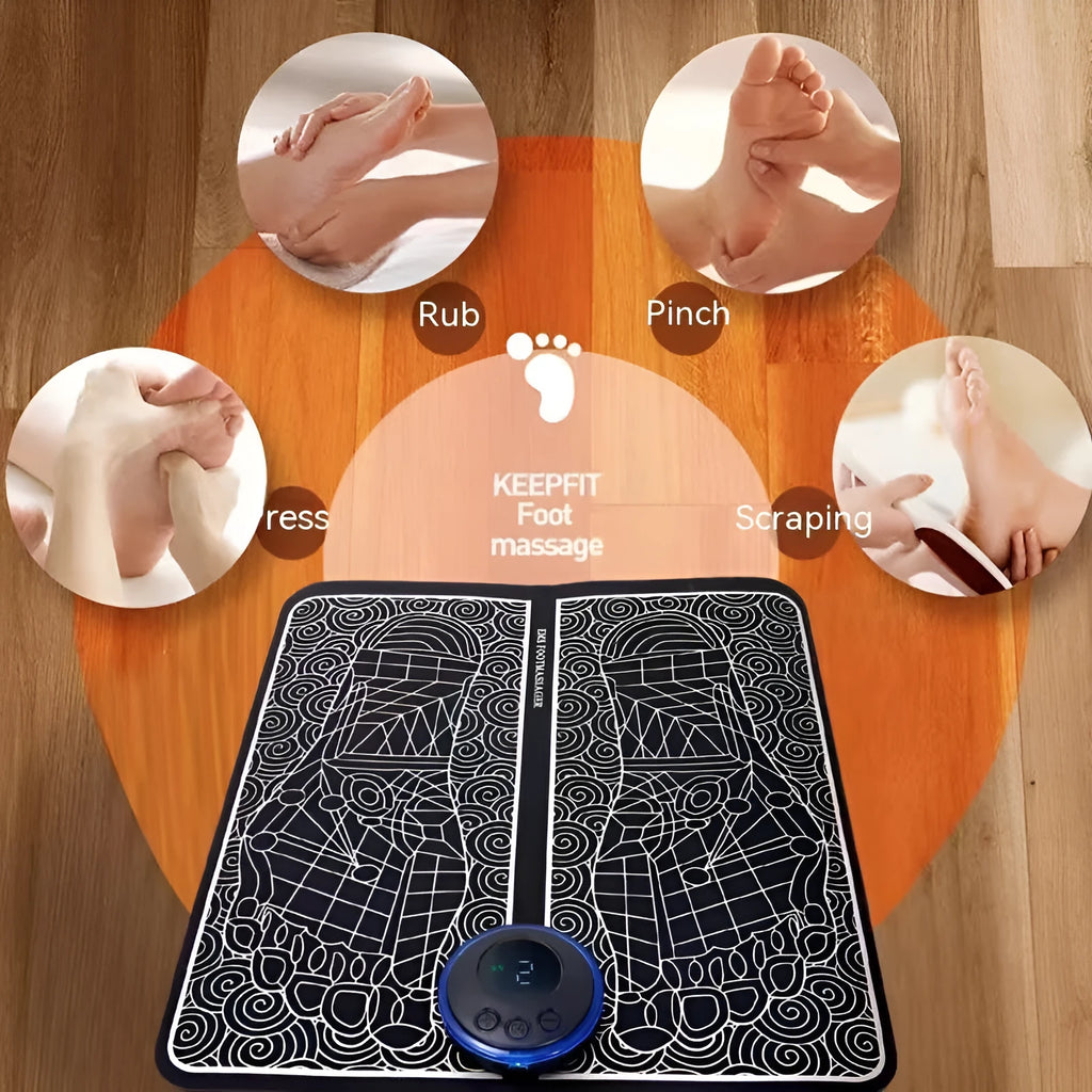 EMS foot massager pad with cordless remote control, USB rechargeable, foldable design for foot pain relief