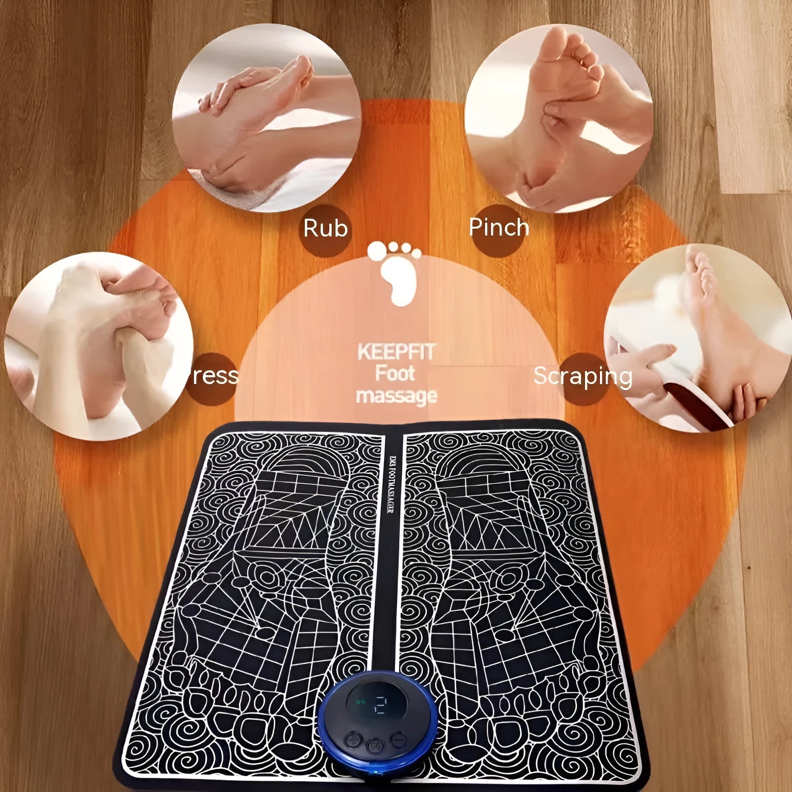 EMS foot massager pad with cordless remote control, USB rechargeable, foldable design for foot pain relief