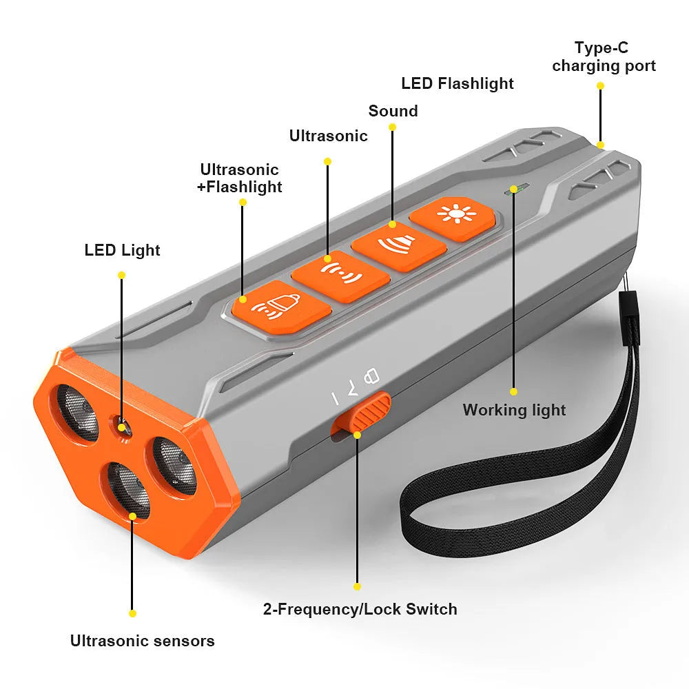 Three-headed ultrasonic dog trainer in grey and orange colour scheme.