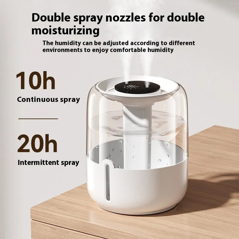 Beige round USB humidifier with dual spray nozzles and digital humidity display on a desk
