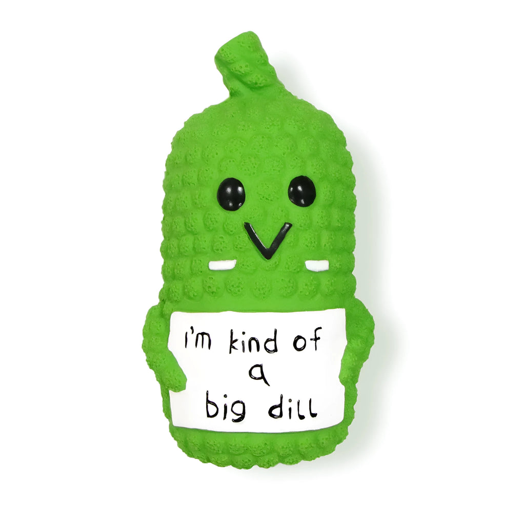 Green pickle-shaped squeaky dog toy with nubbed texture on a white background.