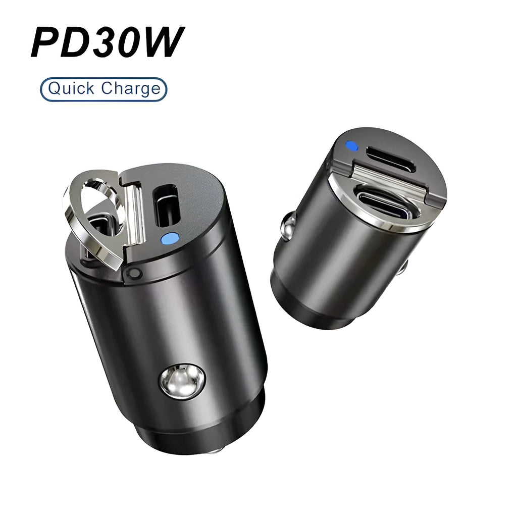 Black mini 30W dual USB car charger with zinc alloy housing next to a car cigarette lighter socket.