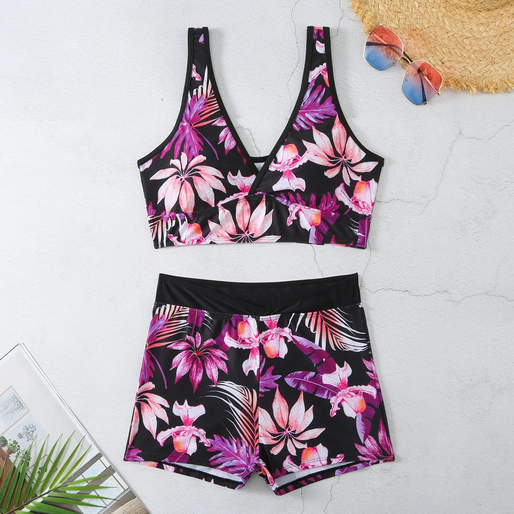 Women's two-piece printed boxer swimsuit in polyester with sleeveless top and briefs bottom