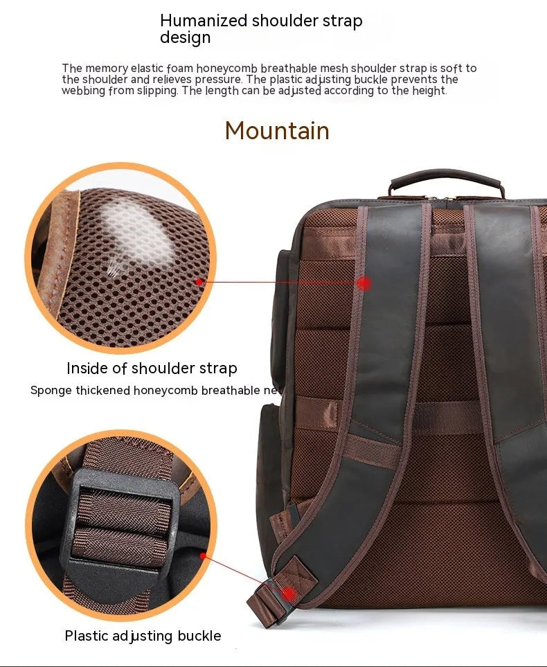 Dark brown retro crazy horse leather men's backpack with a 17-inch laptop compartment and double straps.