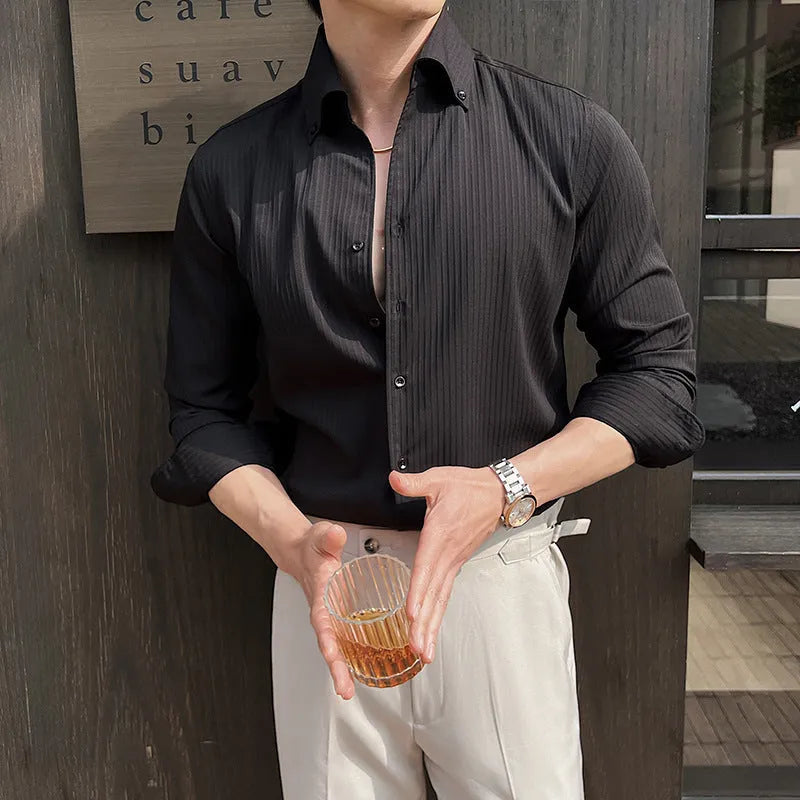 Men's dark stripes V-neck long sleeve casual shirt in polyester blend fabric