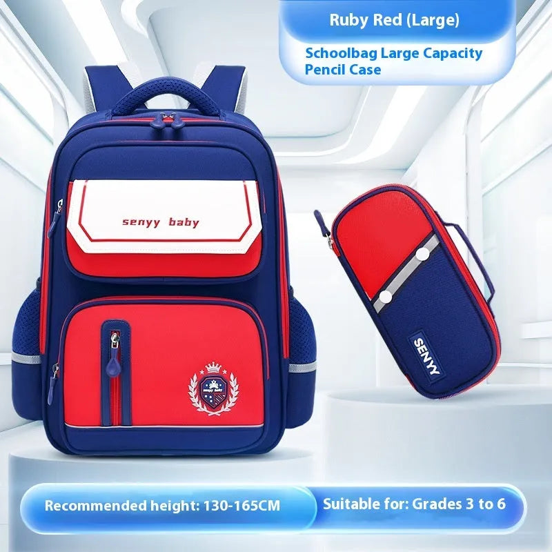 Children's spine protector backpack in blue, made of water-repellent Oxford cloth, size 38x30x15cm
