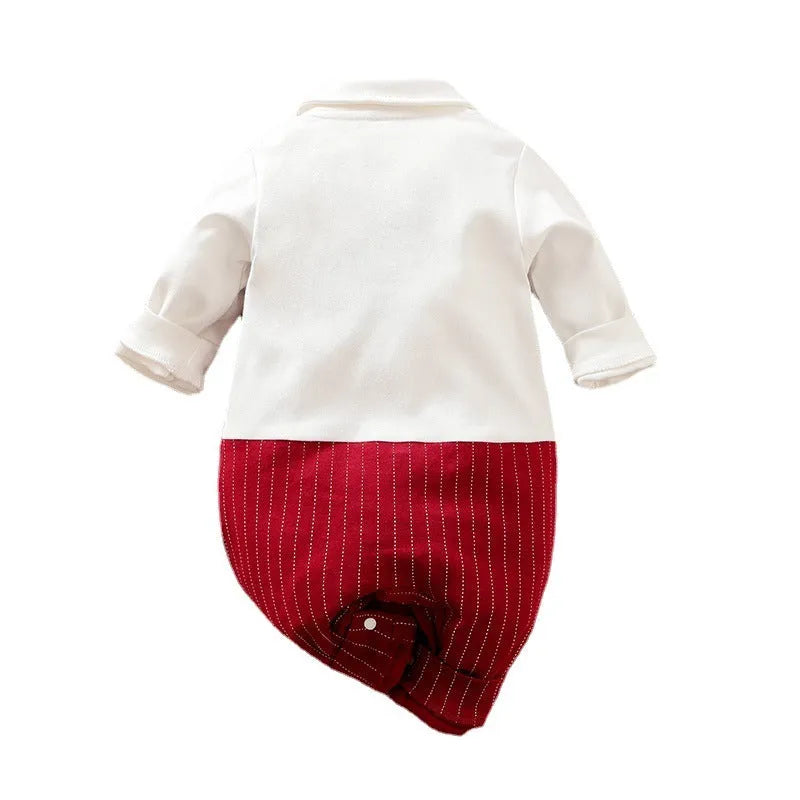 Wine red long sleeve cotton romper suit for a baby boy in gentleman style.