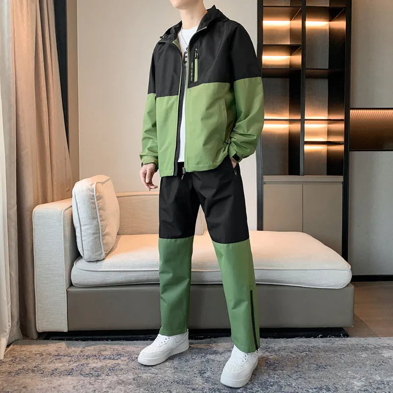 Men's casual hooded suit set with long-sleeve jacket and jogger pants in chemical fibre blend, multiple colour options, sizes M to 5XL