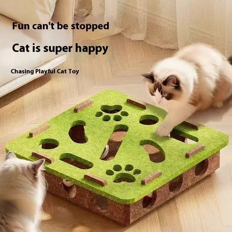 Square green brown felt cat toy box with a round hole in the centre.