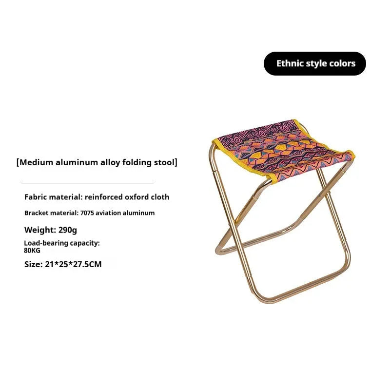 Black aluminium alloy folding camping stool with national style pattern