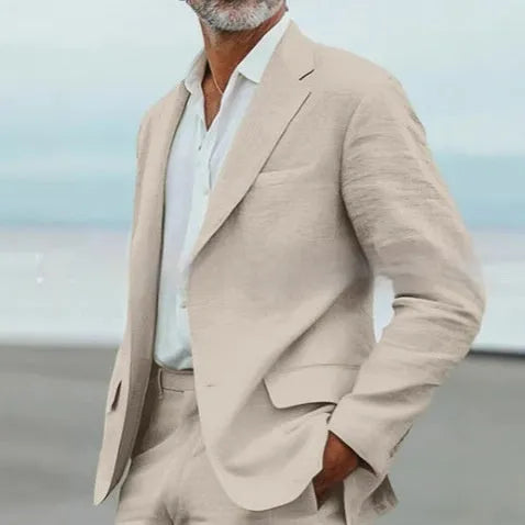 Men's linen slim fit business banquet suit set in beige, jacket and trousers, size XS to 6XL