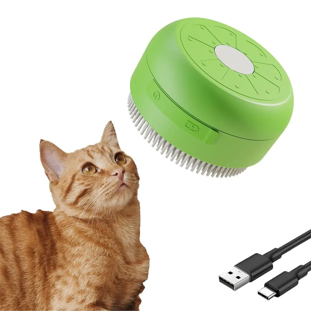 Rechargeable green and yellow silicone steam brush for grooming cats and dogs