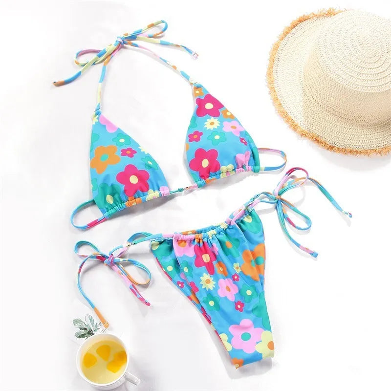 Women's polka dot print split swimsuit bikini with triangle briefs and V-neck design