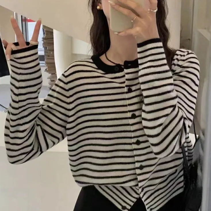 Women's dark grey and white striped slim-fit cardigan coat with long sleeves