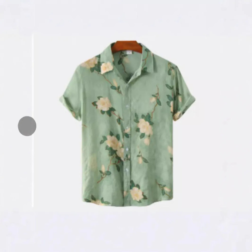 Man wearing a short sleeve Hawaiian print shirt with floral pattern and elastic fabric.