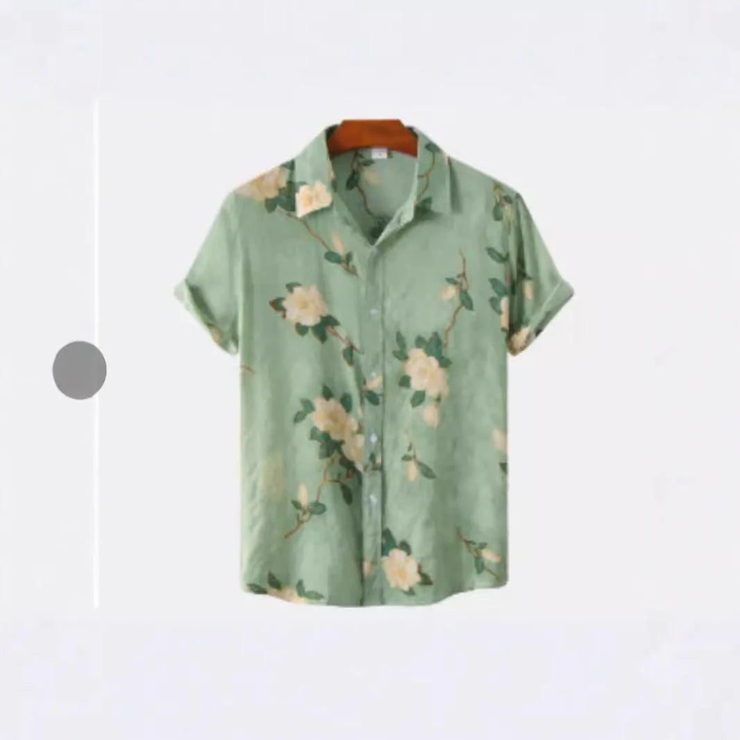 Man wearing a short sleeve Hawaiian print shirt with floral pattern and elastic fabric.