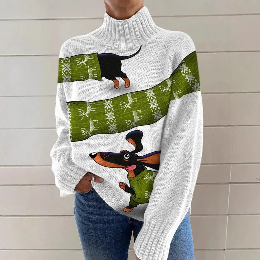 Women's loose-fit Christmas printed turtleneck sweater in macaron colour with painting pattern.