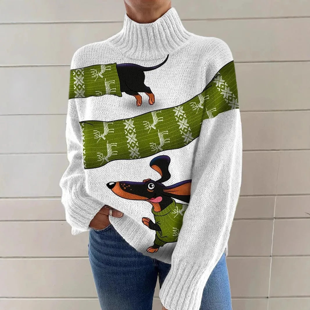 Women's loose-fit Christmas printed turtleneck sweater in macaron colour with painting pattern.