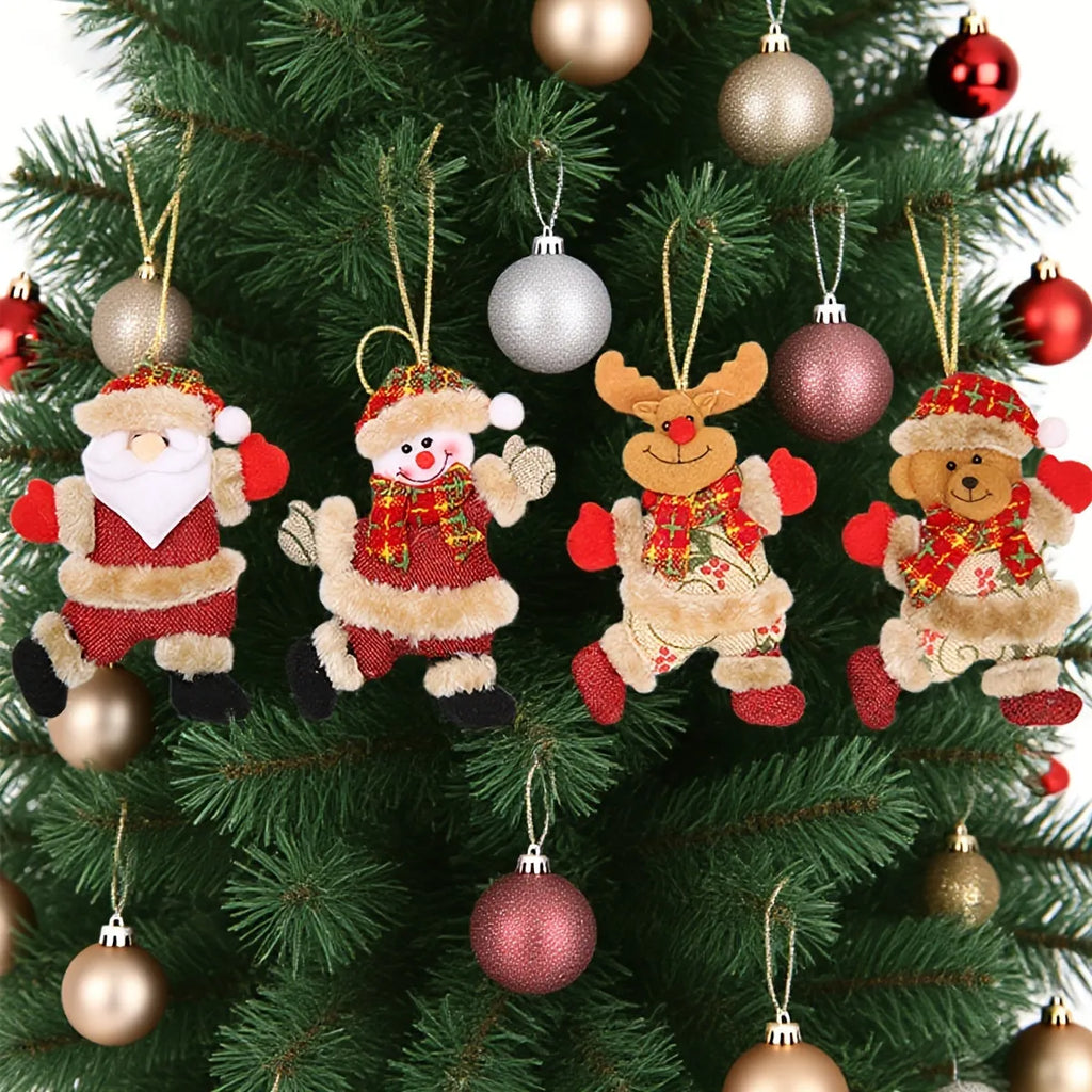 Set of 4 festive Christmas tree ornaments Santa snowman reindeer bear figures with red white scarves gold balls red bows