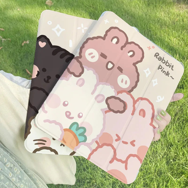 Flat silicone tri-fold protective case for iPad with cartoon rabbit design