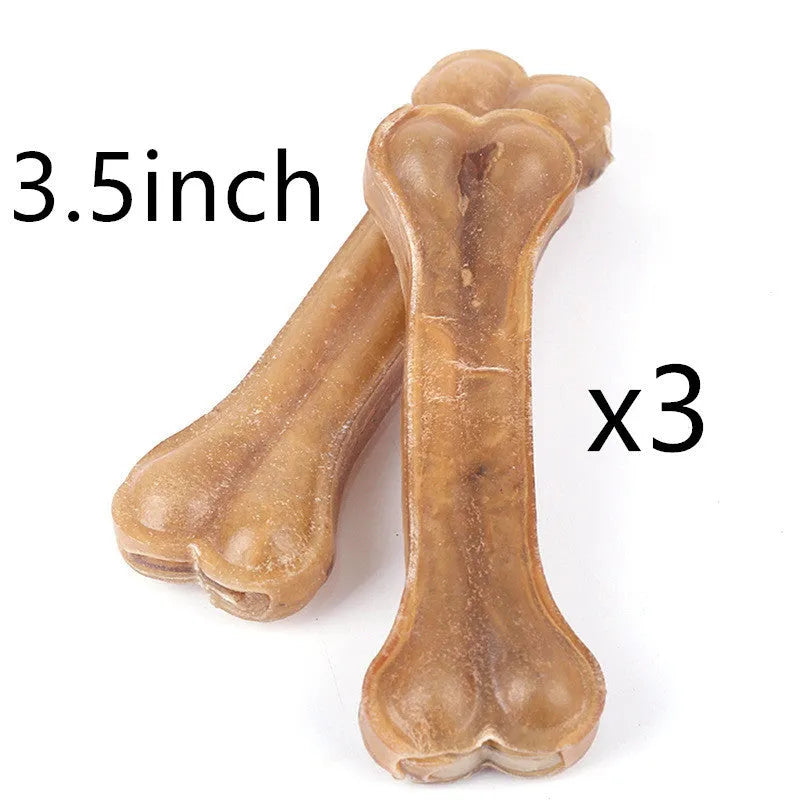 Buffalo leather dog chew stick laid flat, showing natural hide texture and bone-like shape