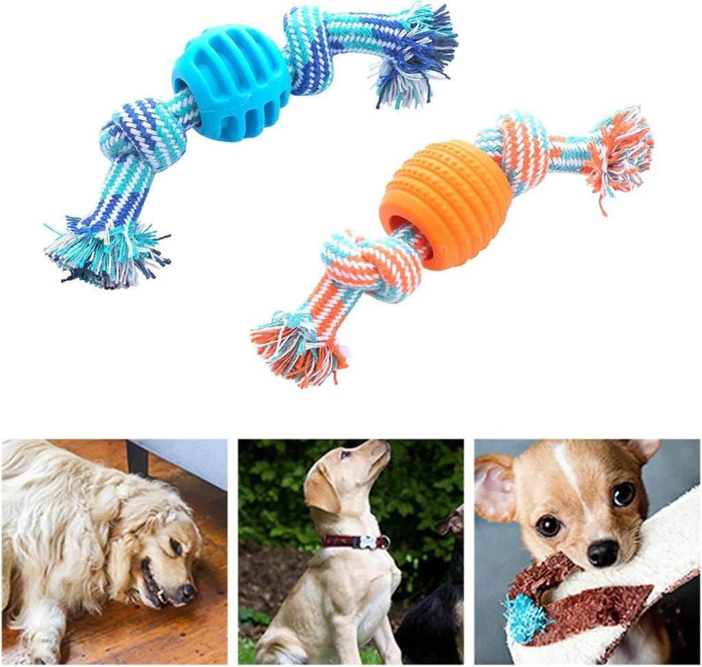 Blue dog chew toy with rope elements for dental cleaning and oral health protection