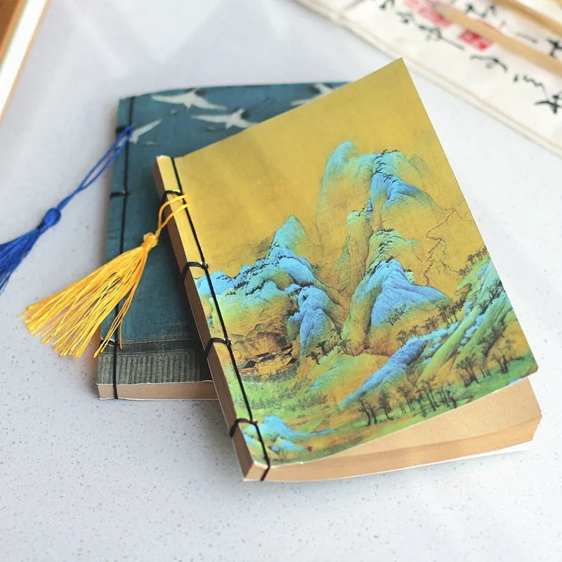 A5 antique thread-bound notebook with embossed cover and decorative tassels