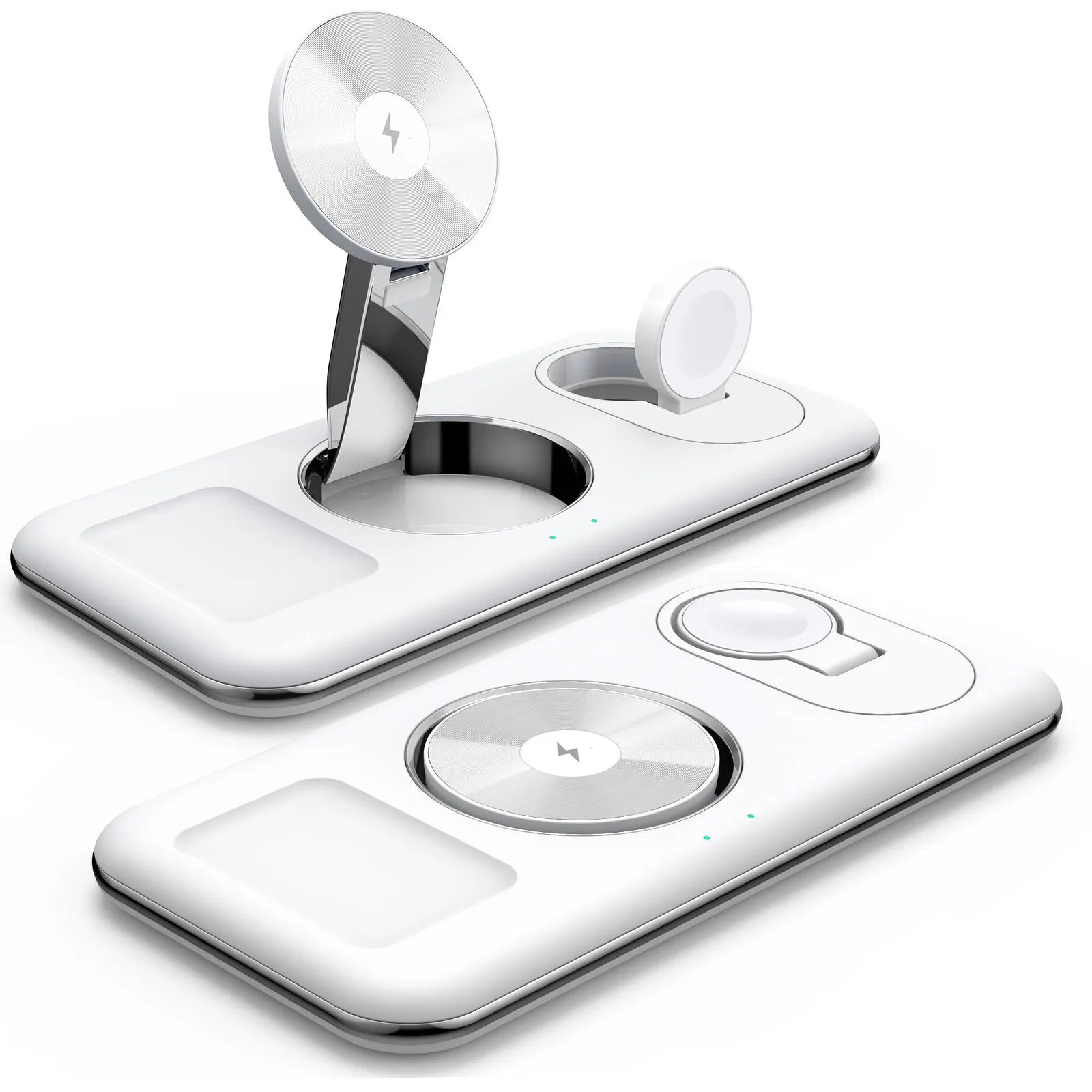 Folding magnetic wireless charger desktop bracket in white with phone charging in upright position