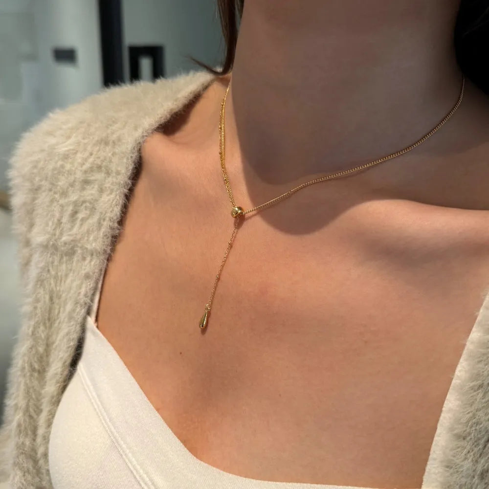 Gold 925 sterling silver double-layer clavicle chain necklace with water droplet motif