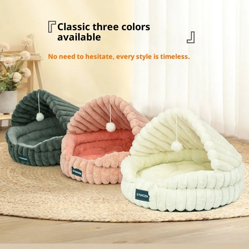 Large warm cat nest pet bed in gray shell design, 50cm diameter cloth material