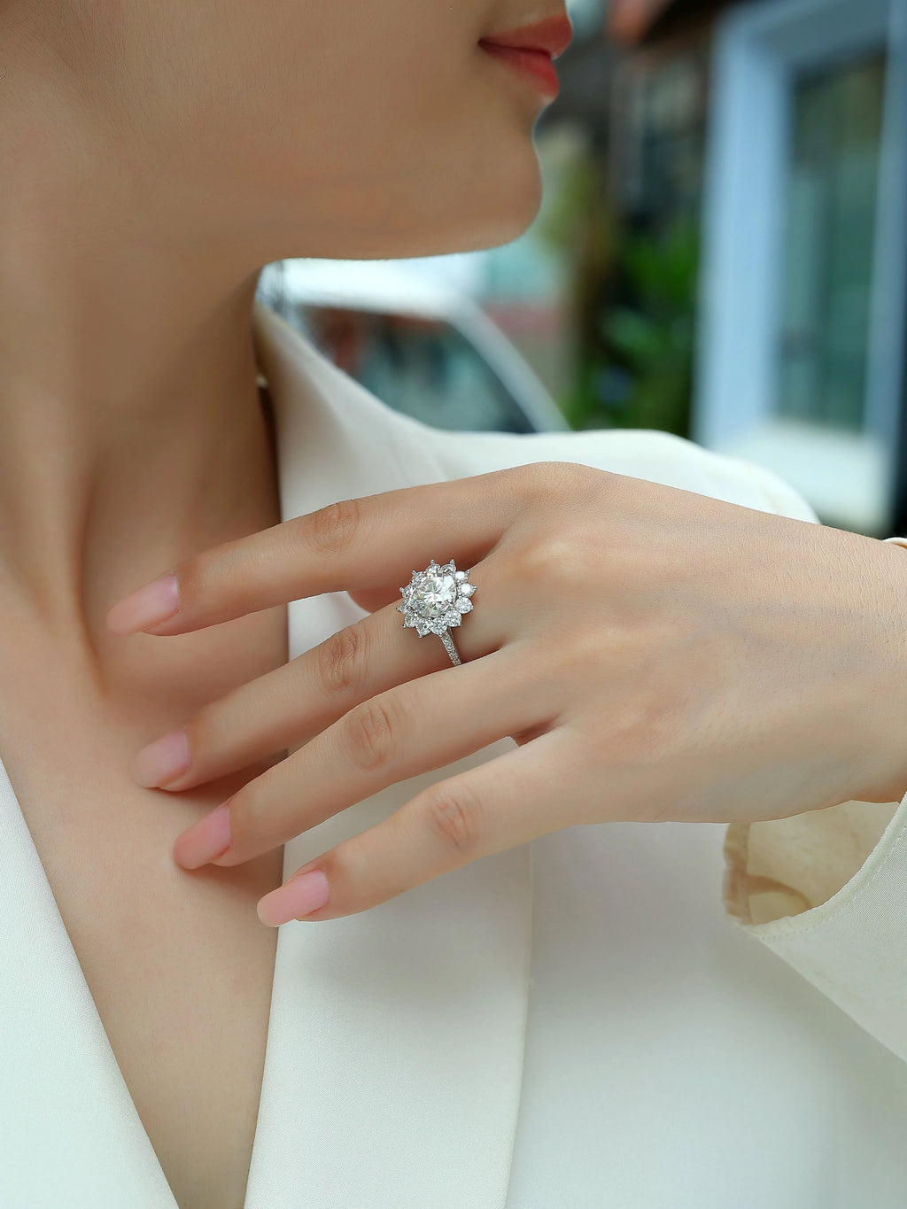 Sunflower wedding ring set with 3-carat moissanite centre stone in platinum-plated S925 silver band, gift box and GRA certificate