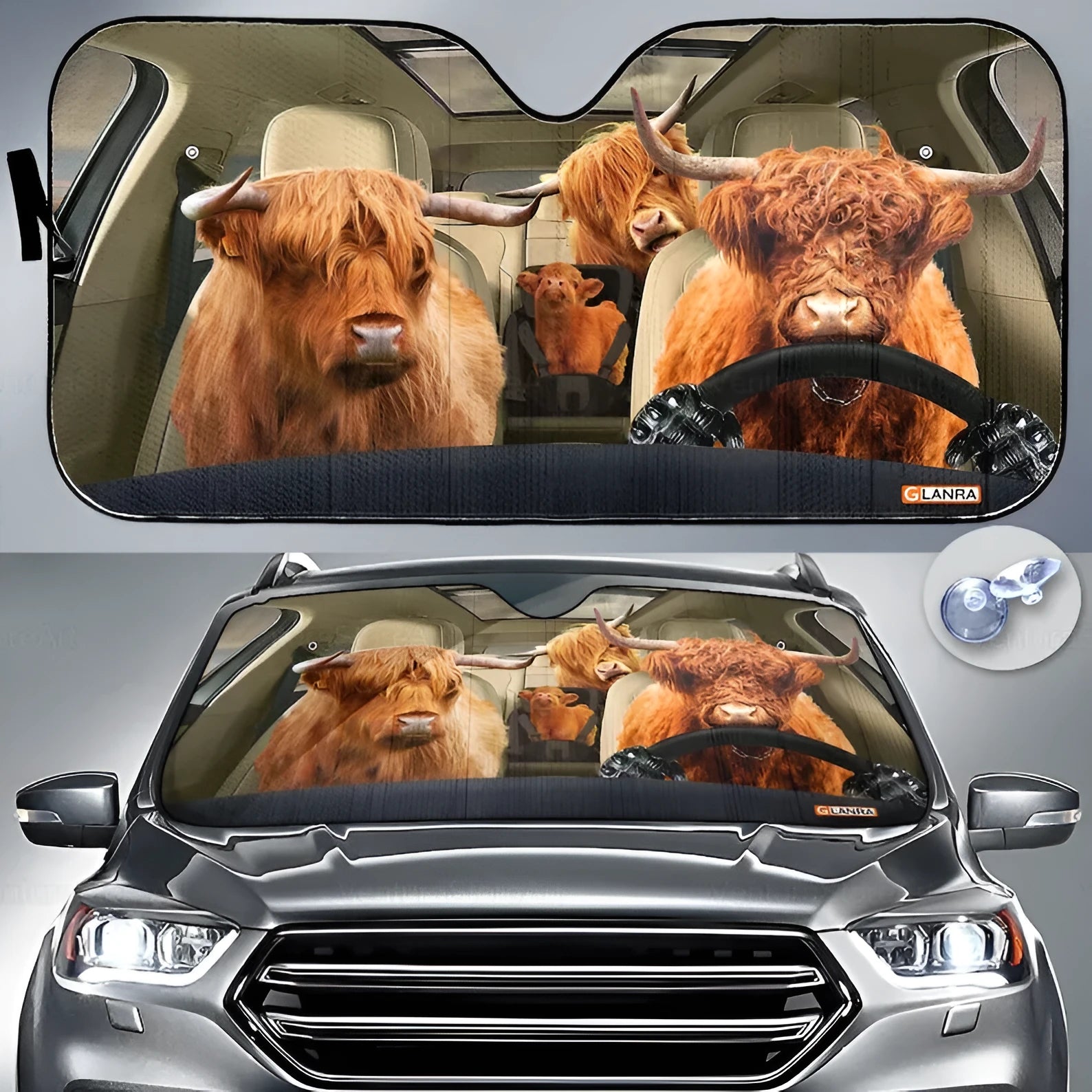 Aluminium foil car sun shield with a telescopic frame extended, designed for the front windshield.