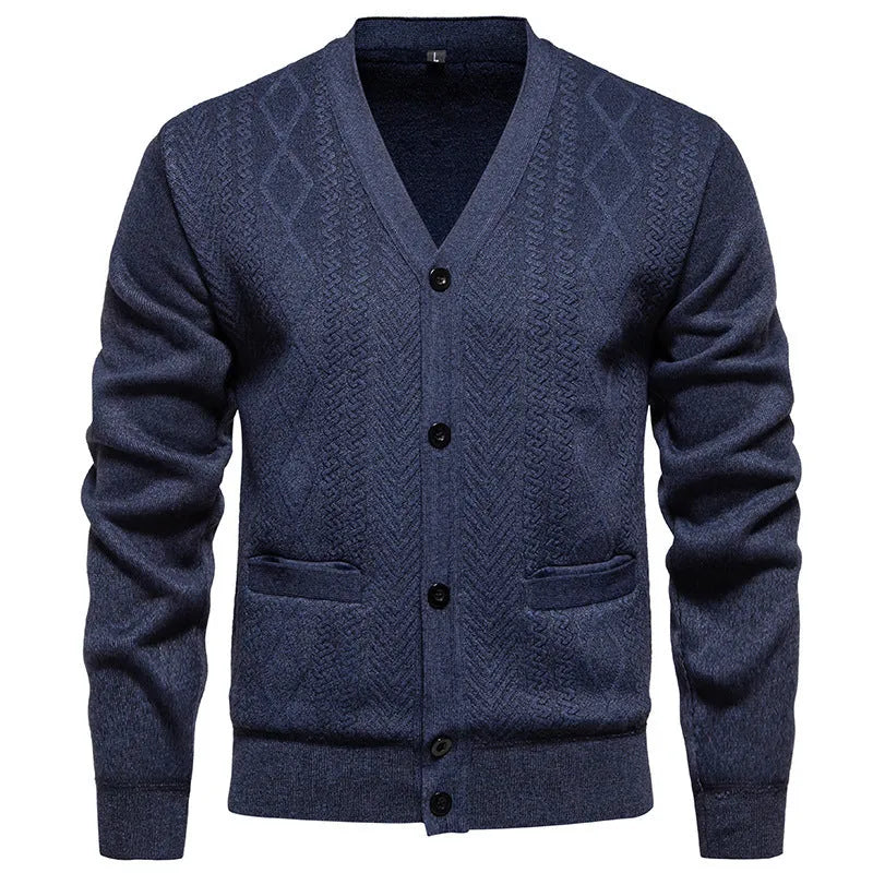 Man wearing a striped cardigan sweater with long sleeves and a wool lining.