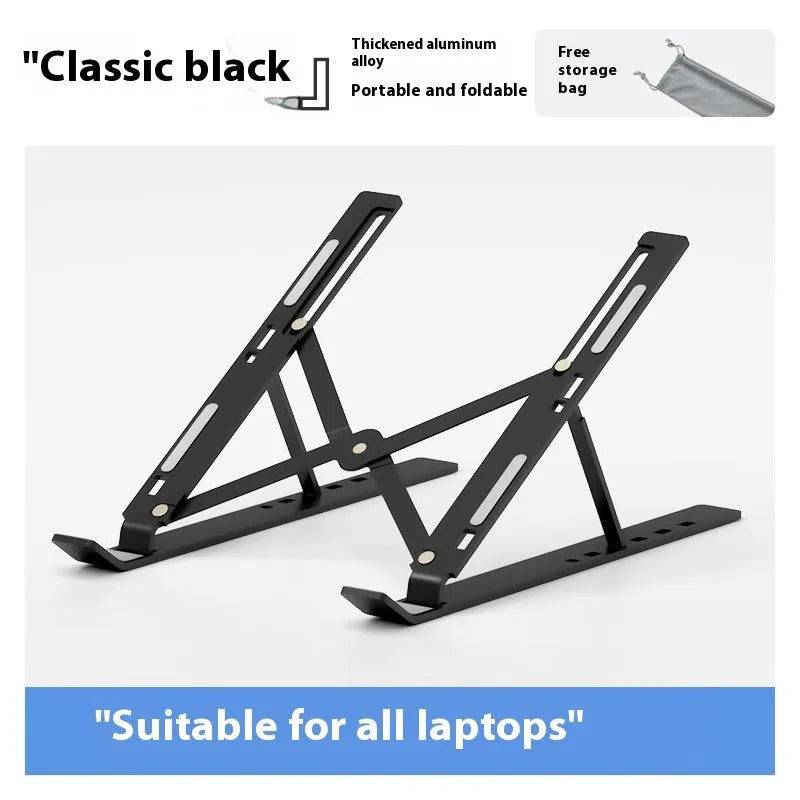 Silver aluminum folding laptop stand open on a desk with a laptop.