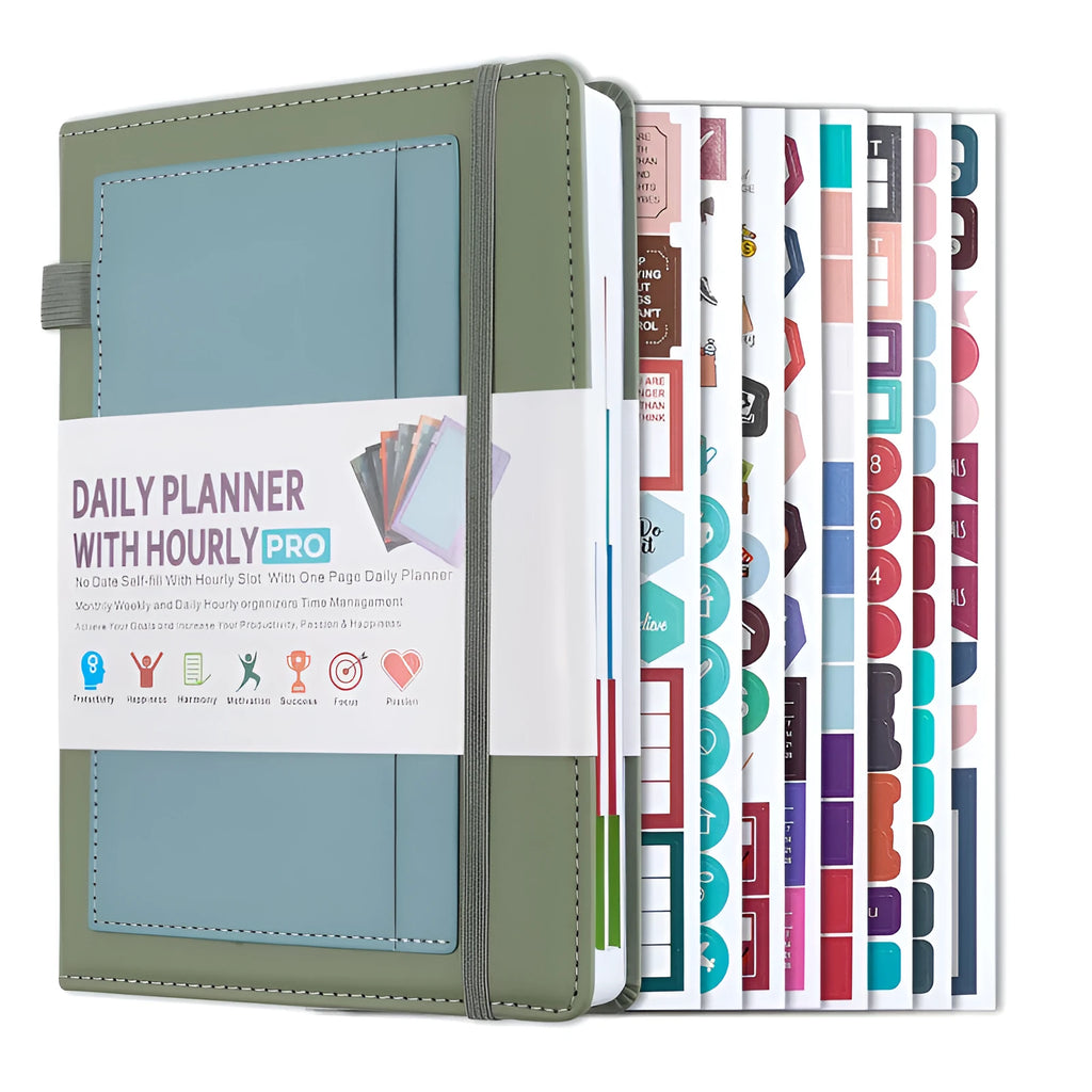 No-date planner notebook with PU cover in multiple colour options showing thread binding and planning stickers