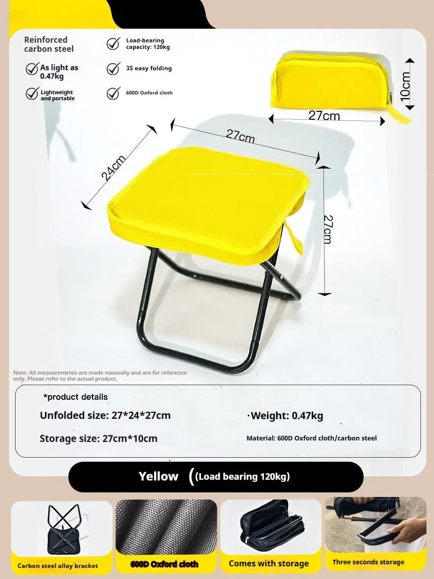 Lightweight foldable outdoor camp stool in Oxford cloth, shown folded and unfolded in khaki colour.