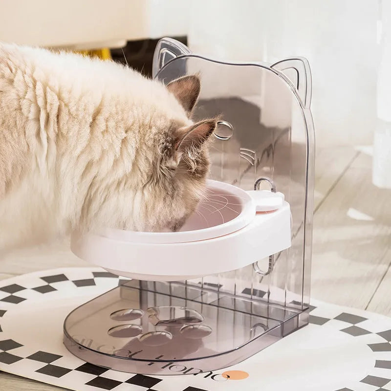 Grey cat feeding bowl with anti-spill neck guard, adjustable height, and removable cage attachment