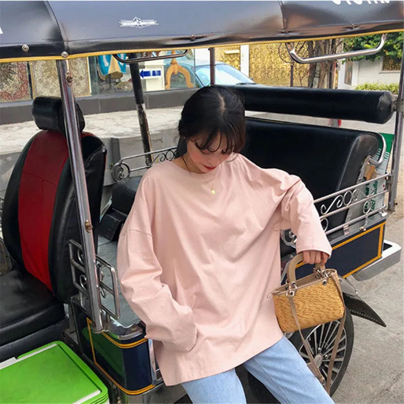 Loose and lazy style long-sleeved top in solid colour polyester pullover for commute