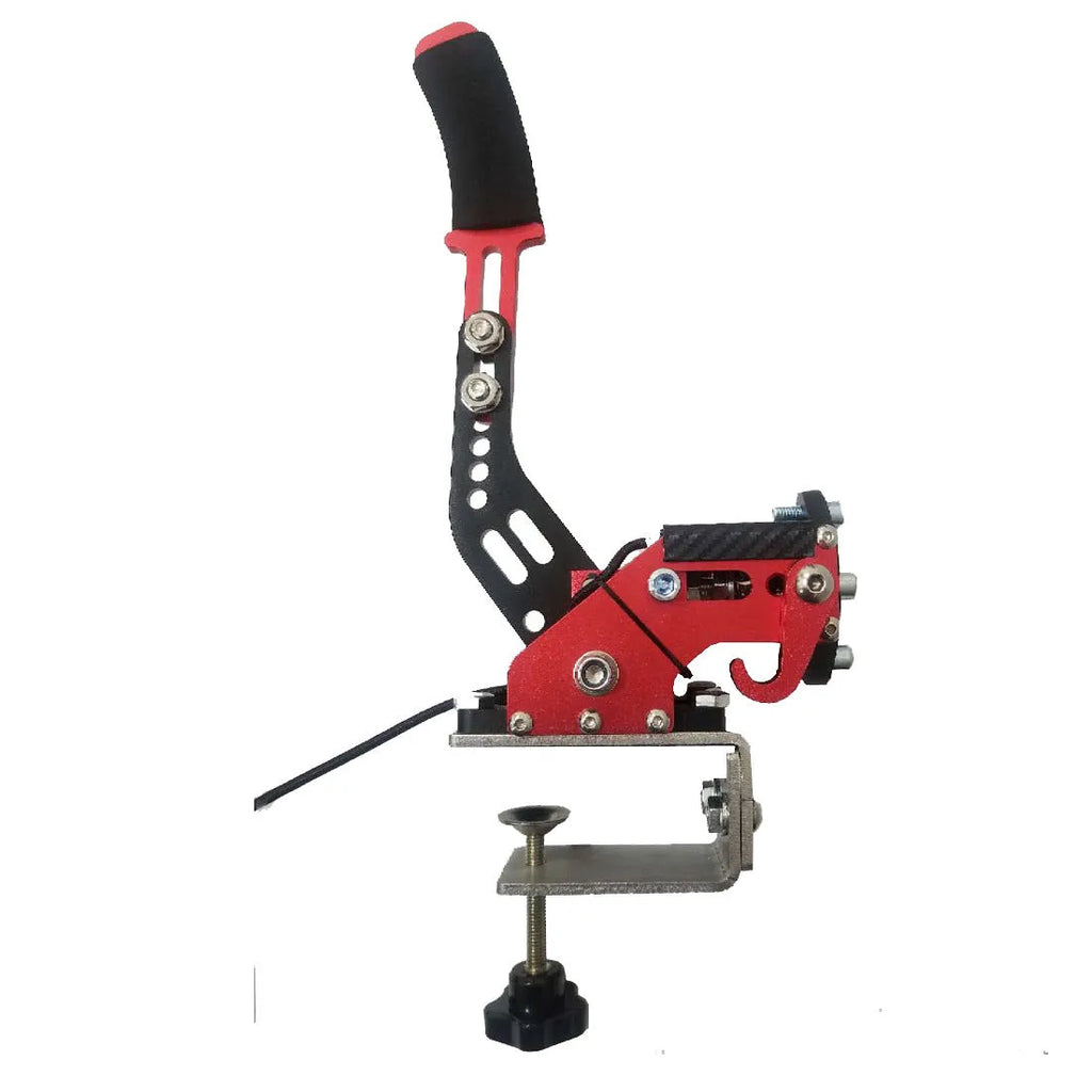 PC racing simulation handbrake with aluminium and stainless steel construction and mounting clamp