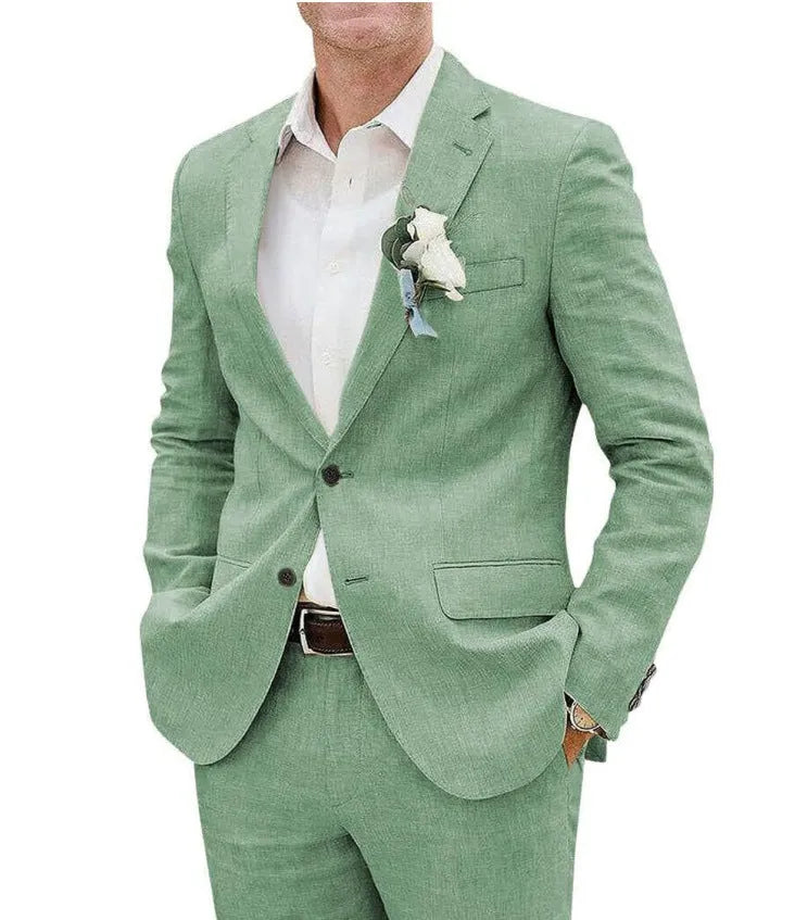 Men's linen slim fit business banquet suit set in beige, jacket and trousers, size XS to 6XL