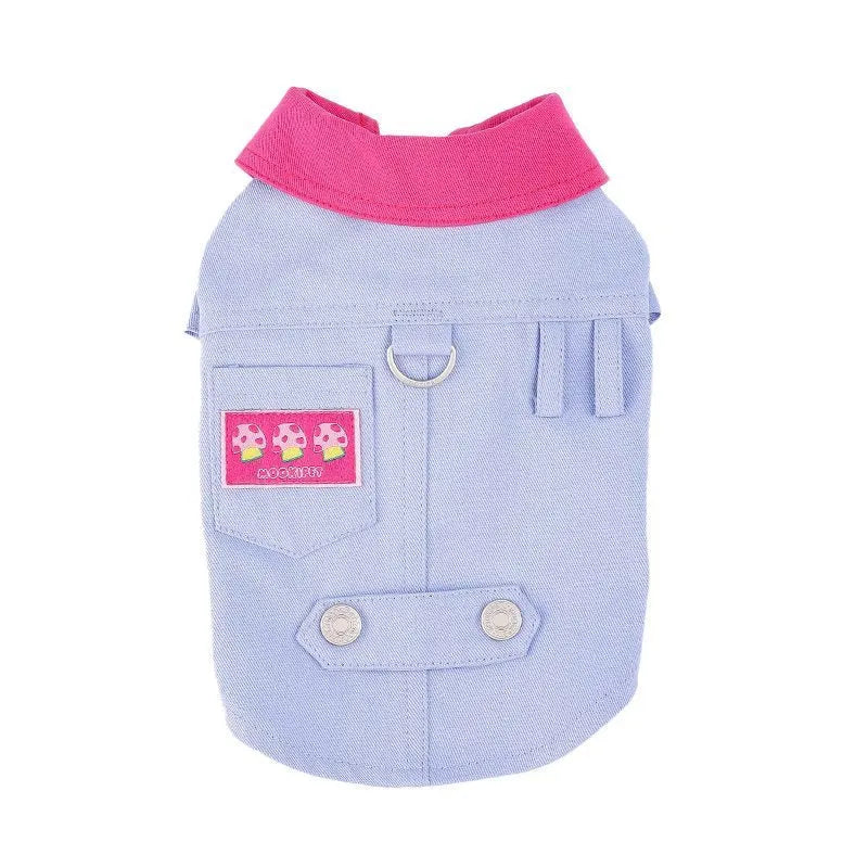 Blue and purple polyester dog vest with integrated traction ring for small breeds