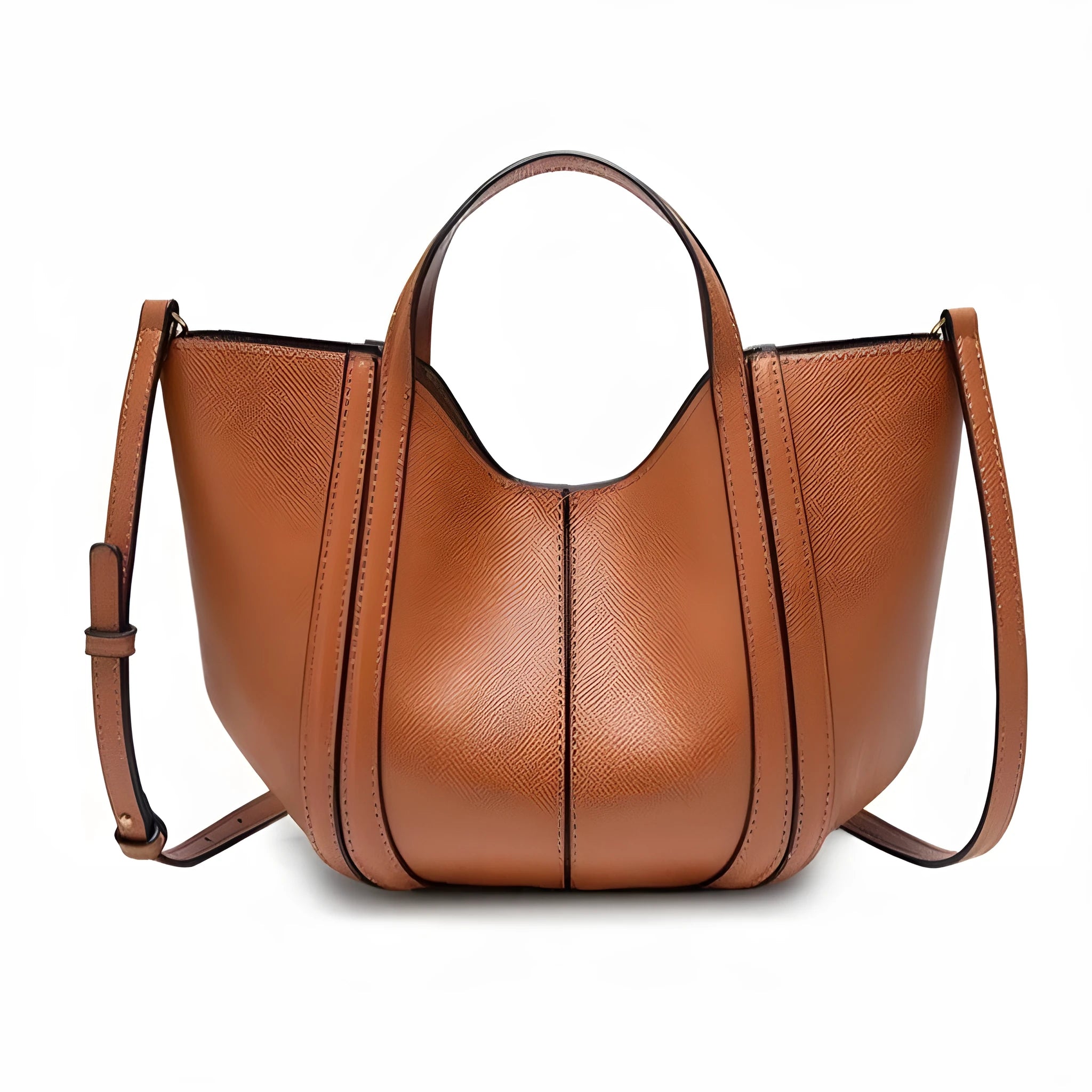 Bucket-textured PU vegetable basket tote bag for women with stitched seams, brown colour, single shoulder strap