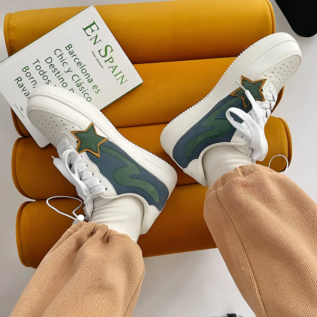 Retro low-top breathable sports shoes men women white blue green synthetic leather TPR sole