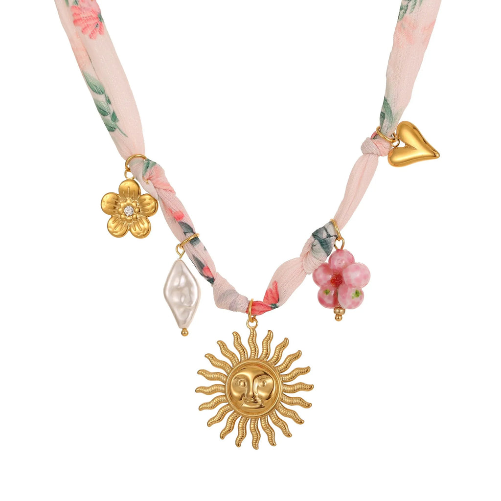 Women's stainless steel sun pendant necklace with 18K electroplating on adjustable 41-50cm chain